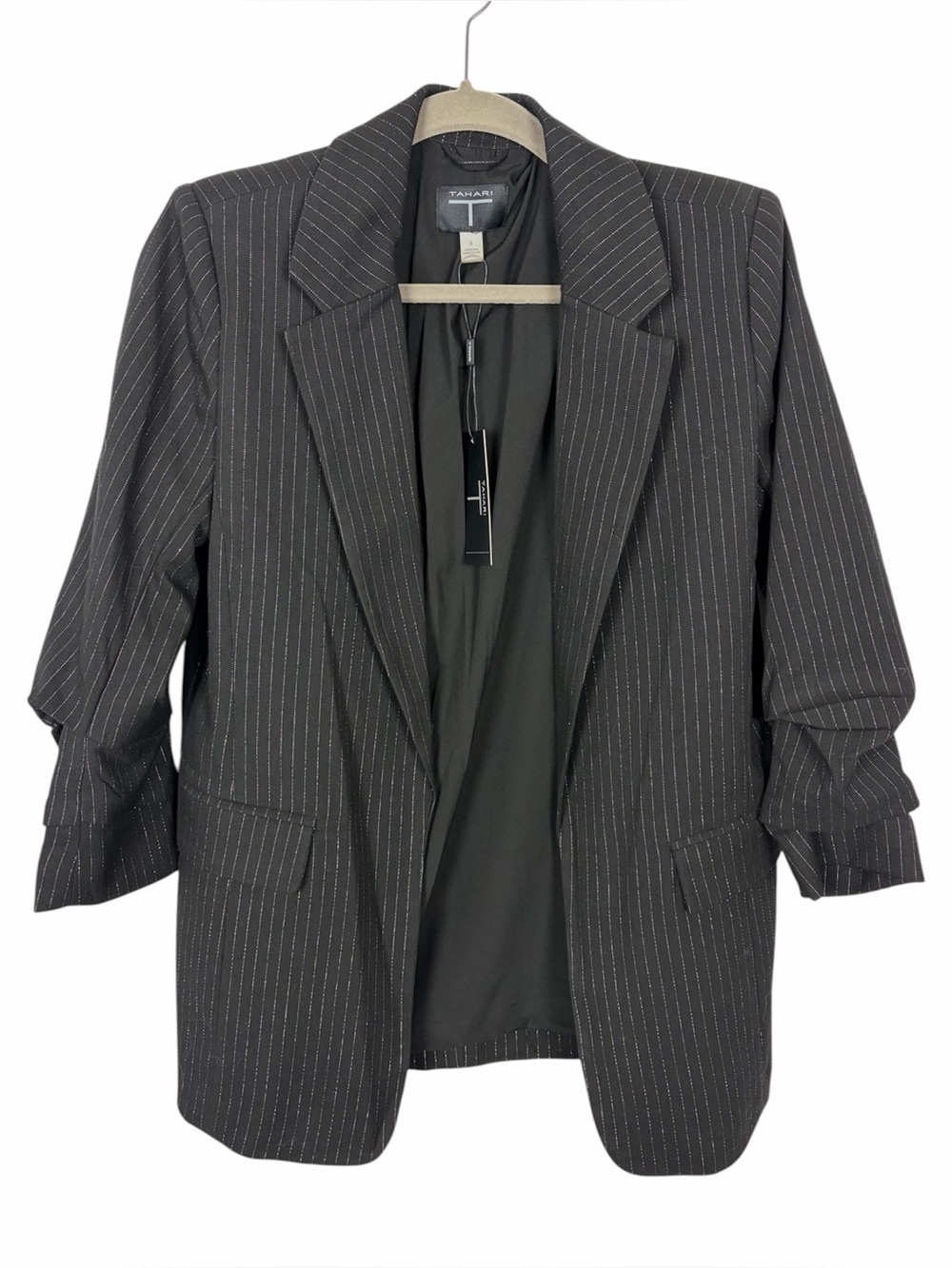 Tahari Black Silver Lurex Pinstripe Blazer Size 6 NWT Ruched Sleeve Shoulder Pad